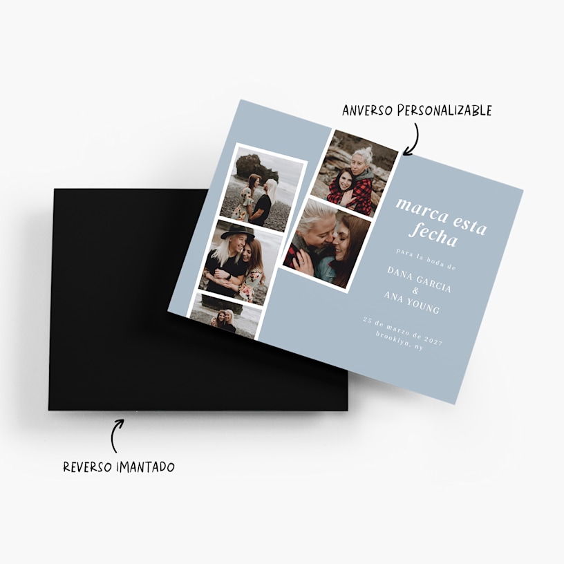 Un imán de Save the Date con un collage de fotos de una pareja en la playa, con una nota que indica que el frente del imán es personalizable y el reverso es magnético. 