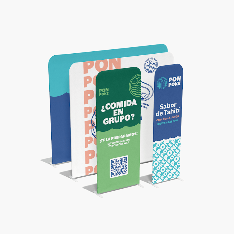  4 backings publicitarios de tubos mostrando todos los tamaños disponibles.