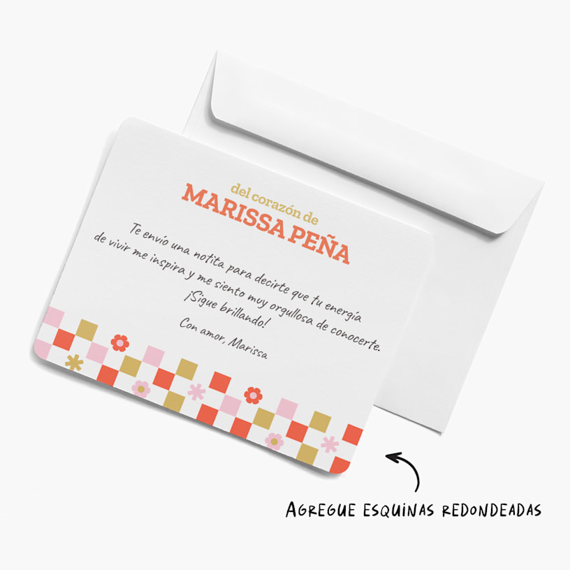 Una nota personalizada con un diseño a cuadros, con una indicación de que los clientes pueden agregar esquinas redondeadas a su nota. 