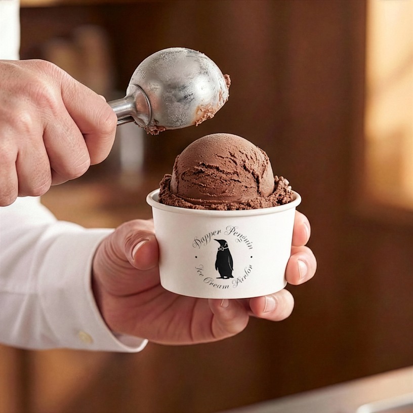 Helado de chocolate en un vaso de papel con un logotipo. 