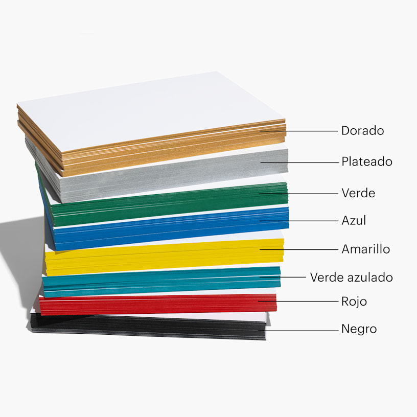 A stack of blank painted edge cards labeled by their edge colors; gold, silver, green, blue, yellow, teal, red, and black.  