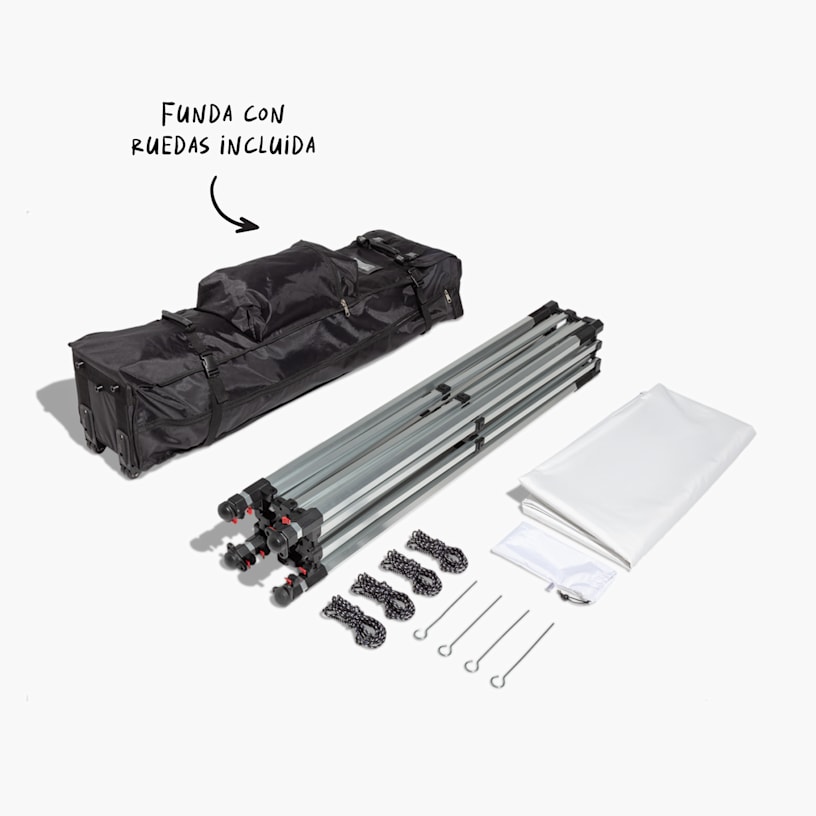 Todas las piezas para armar la carpa plegable.