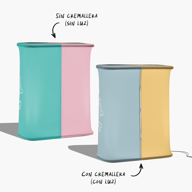 2 mostradores desplegables muestran las opciones con y sin luces LED. La versión LED tiene cremallera en la parte de atrás.