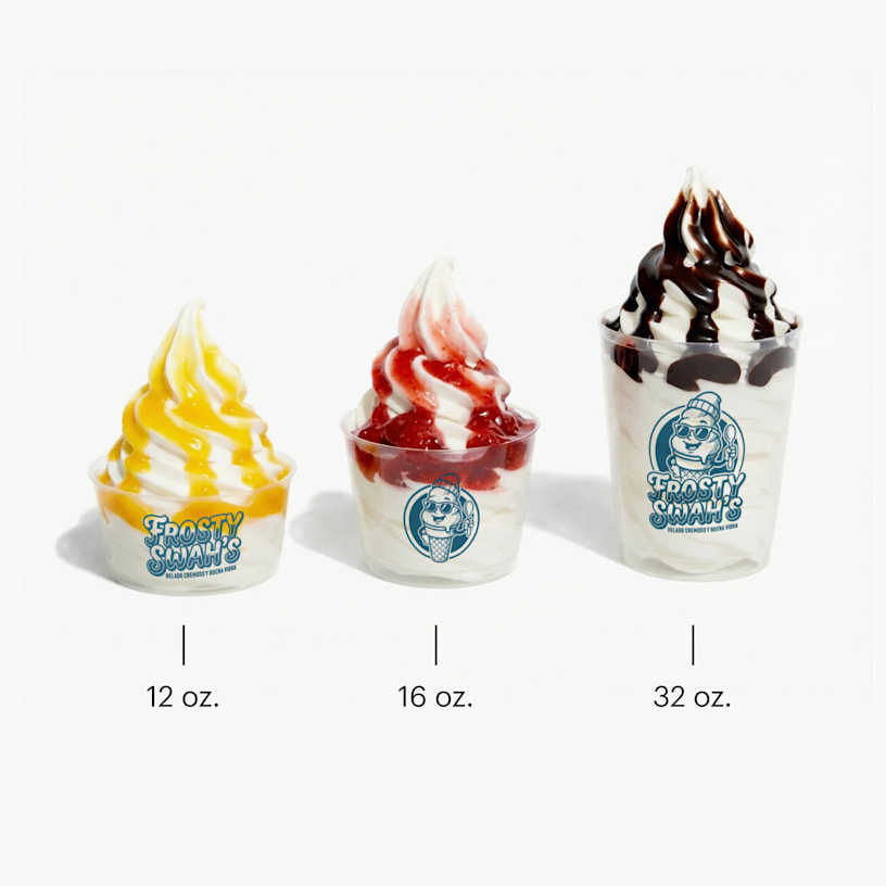 3 vasos plásticos para helado con helados de varios sabores y toppings mostrando los 3 tamaños disponibles.