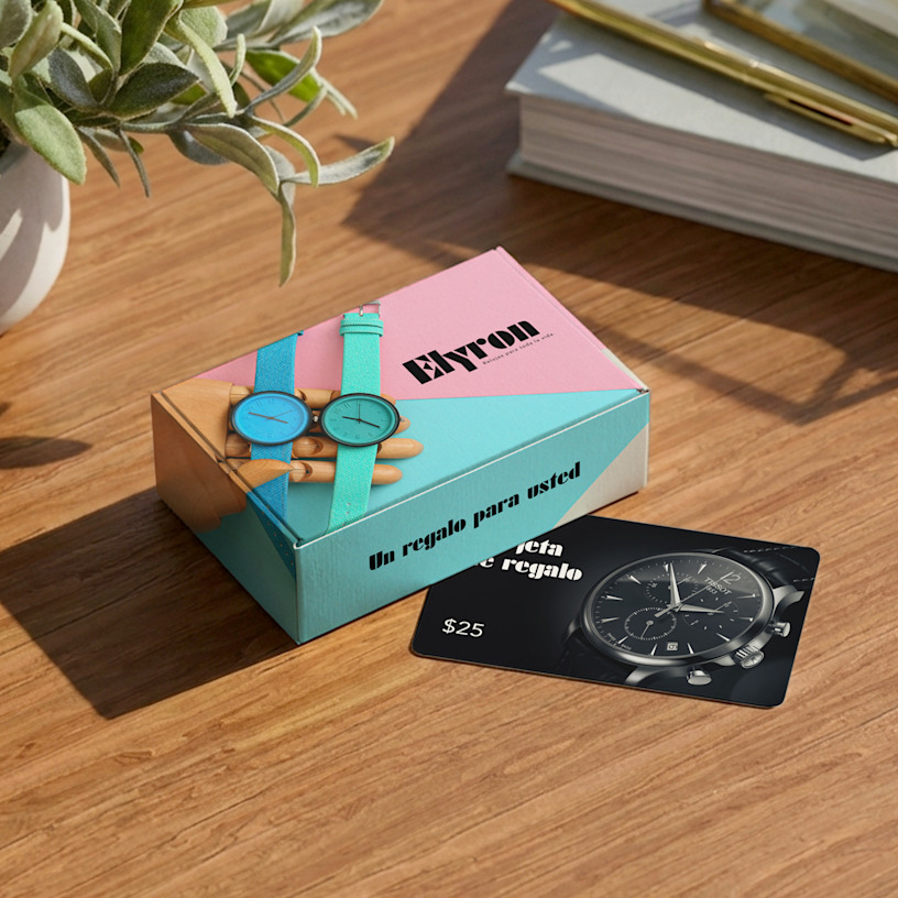 Una cajita para tarjetas de regalo junto a una tarjeta de regalo que promociona una marca de relojes.