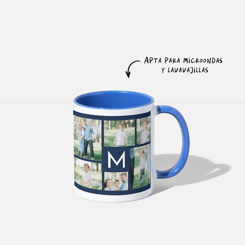 Una taza con asa azul y el interior personalizado con fotos de familia, además de una nota que indica que es apta para el lavavajillas y el microondas. 