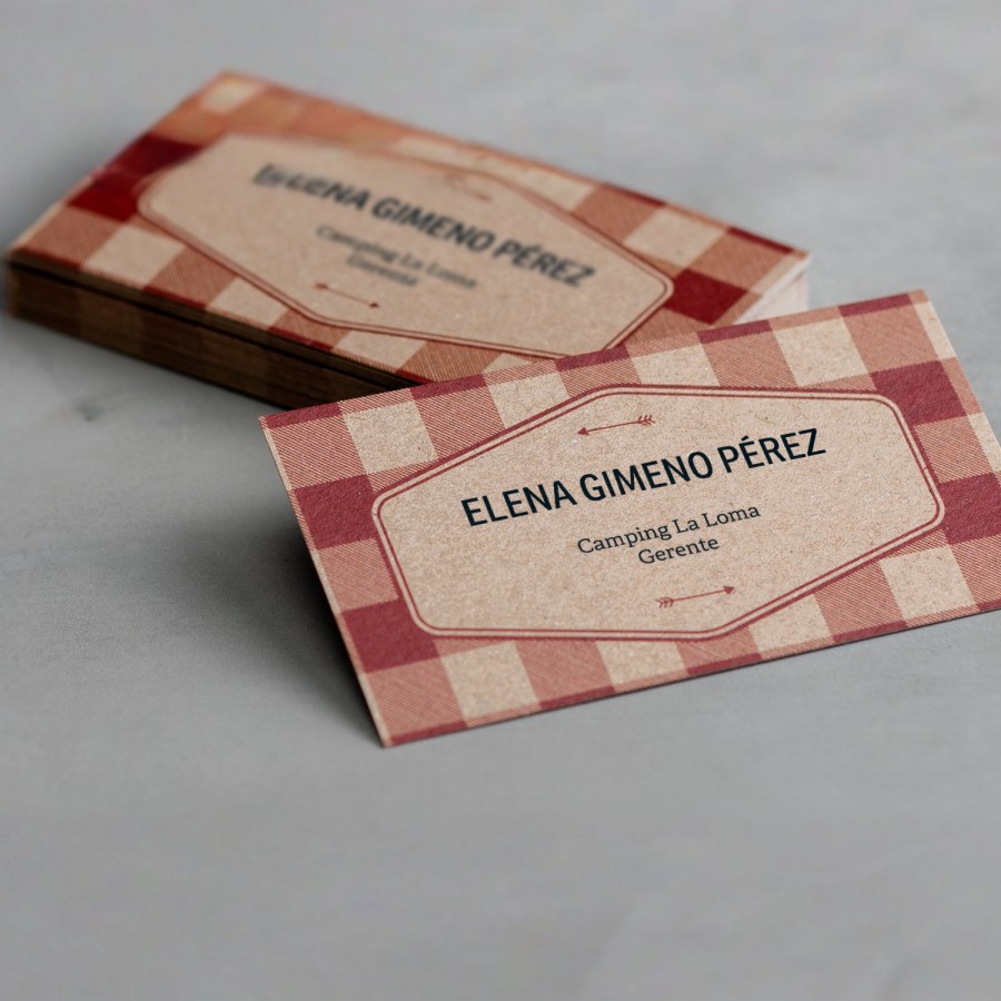 Una tarjeta de presentación de papel Kraft con un estampado colorido de un diseñador exclusivo.