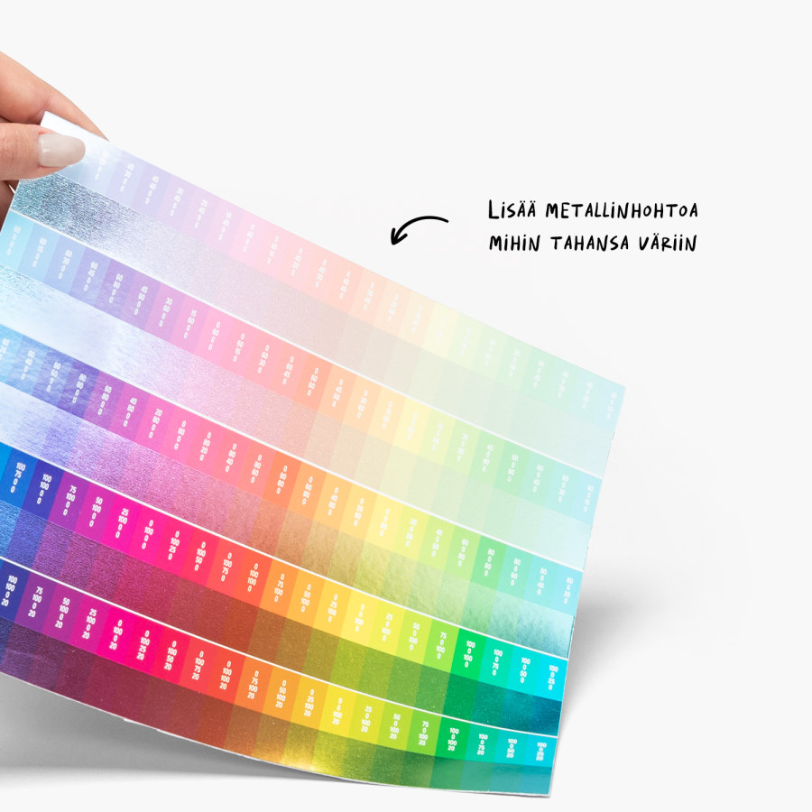 Käsi pitelemässä väripalettia osoituksena siitä, että asiakkaat voivat valita minkä tahansa värin lisätäkseen metallinhohtoa.