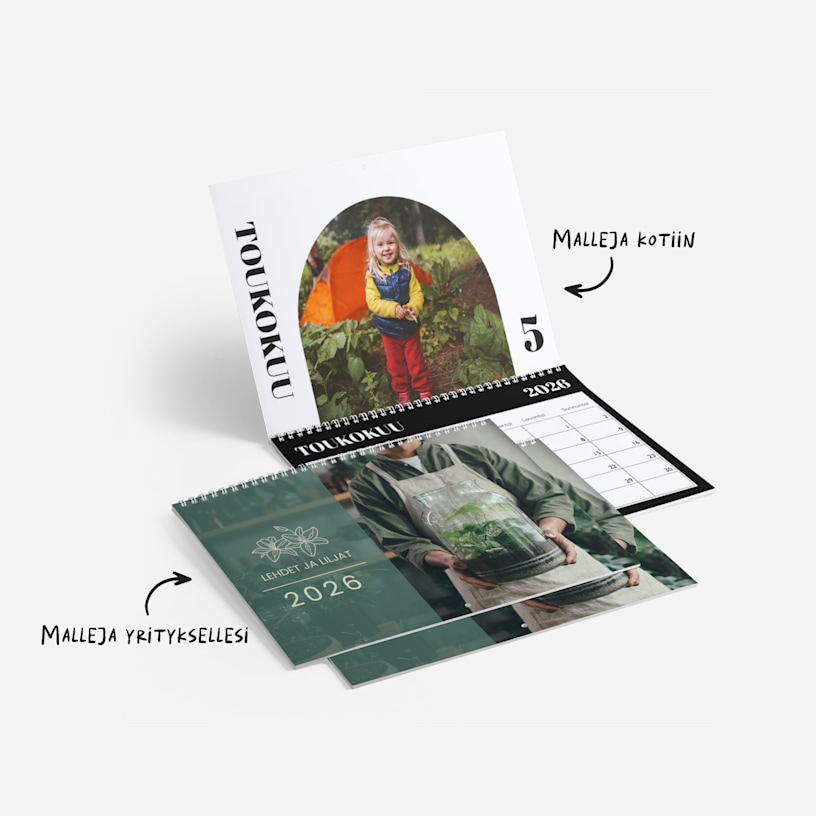 Kaksi personoitua seinäkalenteria, joissa on valokuvia. Huomautukset korostavat, että valittavissa on vaihtoehtoja kotikäyttöön ja yrityksiä varten. 