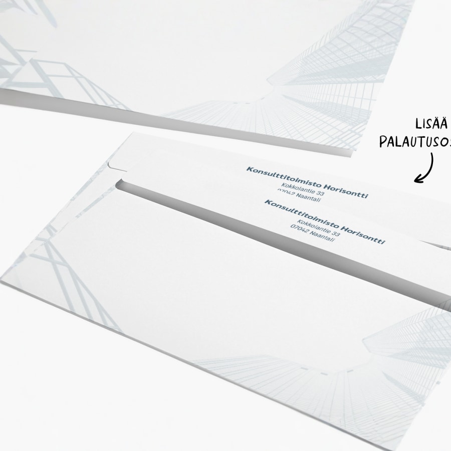 Yrityskirjekuoret, joihin on painettu neuvontapalvelun osoite. Mukana huomautus siitä, että voit lisätä kuoreen myös oman vastausosoitteesi. 