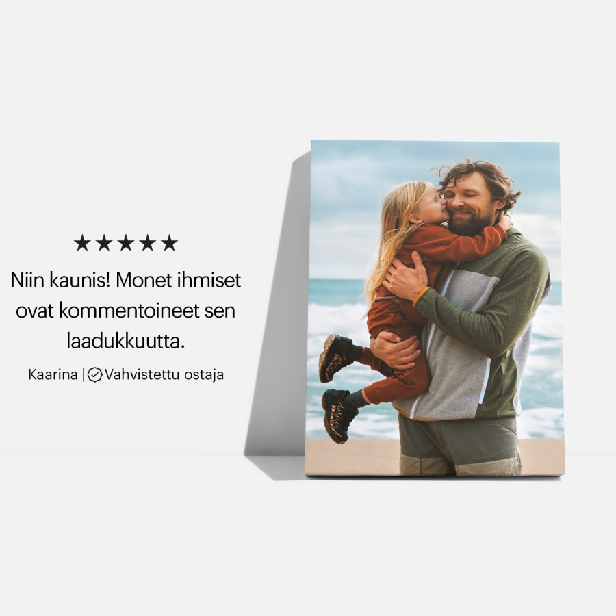 Painettu canvas-taulu, jossa on valokuva isästä ja tyttärestä rannalla sekä asiakasarvostelu: ”Niin kaunis! Monet ihmiset ovat kommentoineet taulun korkeaa laatua.” 
