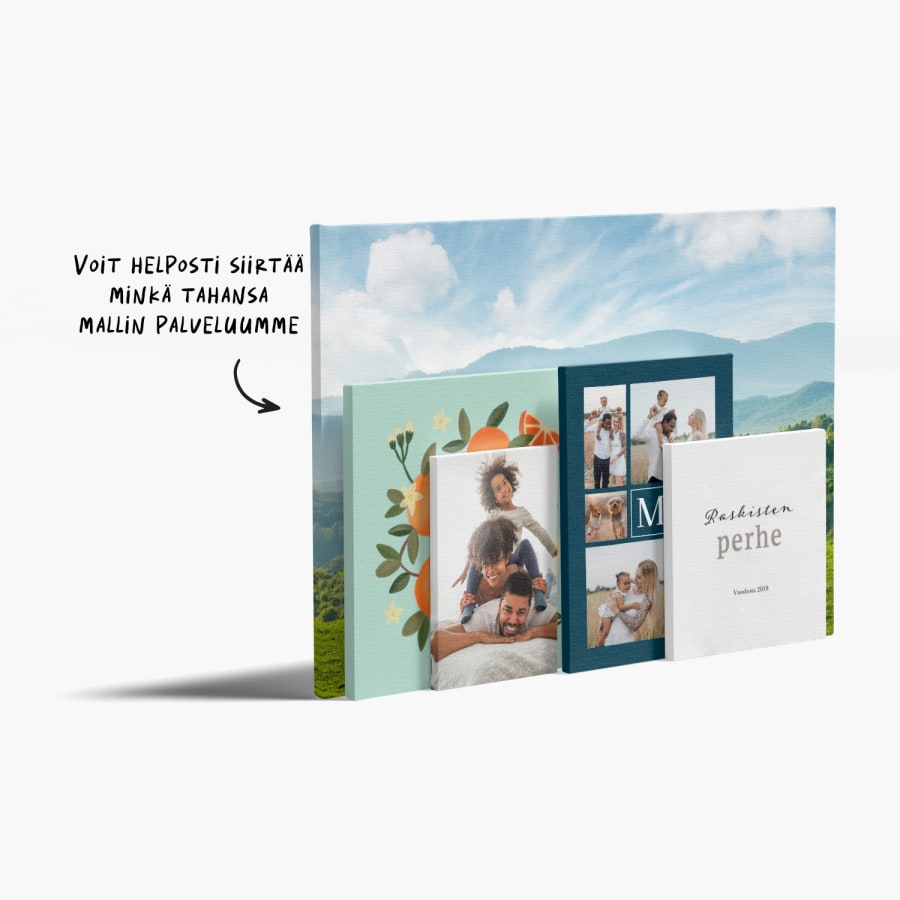 Valikoima erikokoisia canvas-valokuvatauluja, joissa on erilaisia ​​kuvia sekä ilmoitus siitä, että voit käyttää tauluissa mitä tahansa mieleistäsi kuvaa tai mallia. 