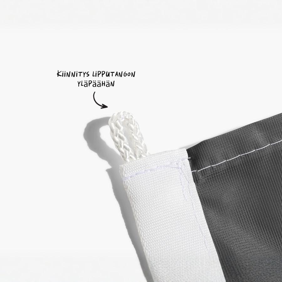 Lähikuva lipun ylimmästä narusilmukasta, jossa lukee, että tämä osa on kiinnitettävä lipputankoon.