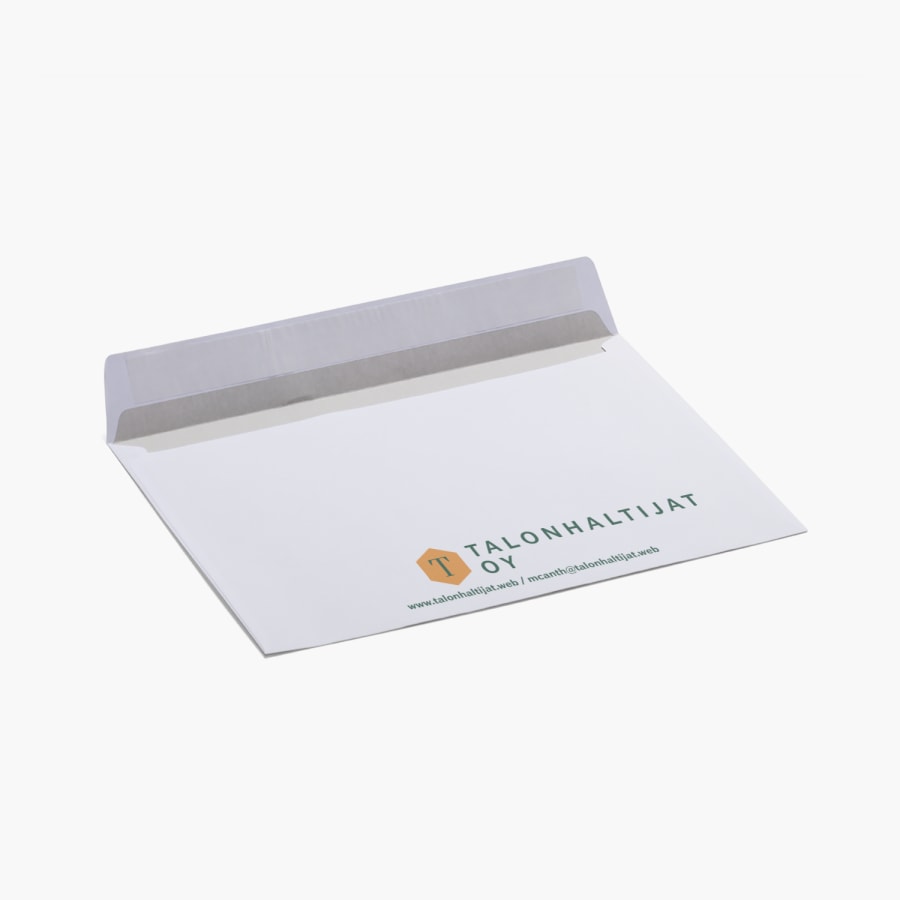 Avattu kirjekuori, jonka kääntöpuolelle on painettu yrityksen logo ja verkko-osoite.