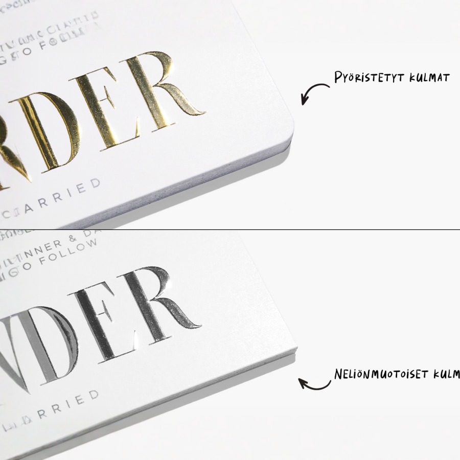 Kullan- ja hopeanvärisiä kohokuvioituja käyntikortteja korostaen kunkin pyöristettyjä ja neliönmuotoisia kulmia.