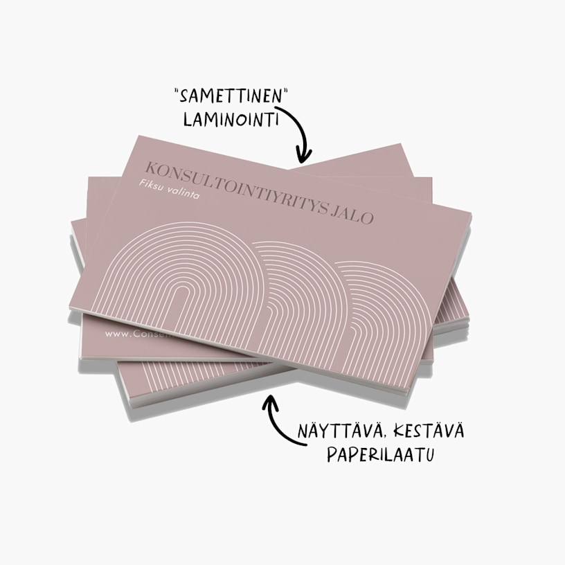 Pino konsulttiyrityksen soft touch -käyntikortteja huomautuksella, että ne on valmistettu erottuvasta, kestävästä paperista ja niissä on myös "sametti"- laminointi.