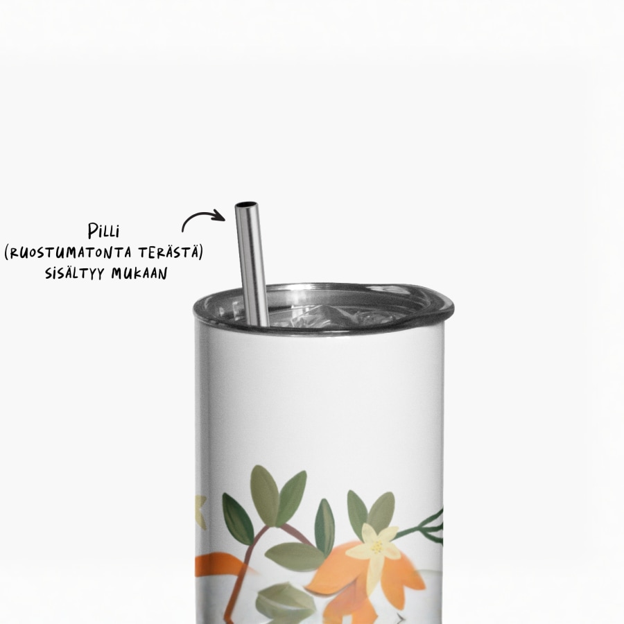 Yksilöity matkamuki, jossa on viesti, jossa lukee, että mukana tulee ruostumattomasta teräksestä valmistettu pilli. 