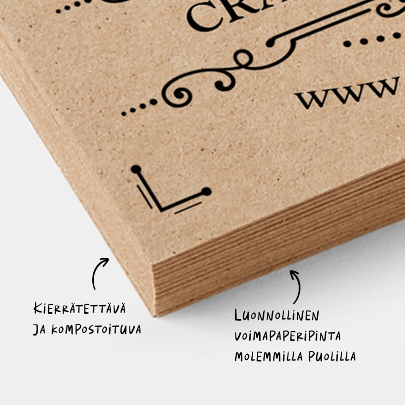 Pino voimapaperikäyntikortteja huomautuksella, jossa todetaan, että nämä kortit ovat kierrätettäviä, kompostoitavia ja niiden molemmilla puolilla on luonnollinen voimapaperiviimeistely.