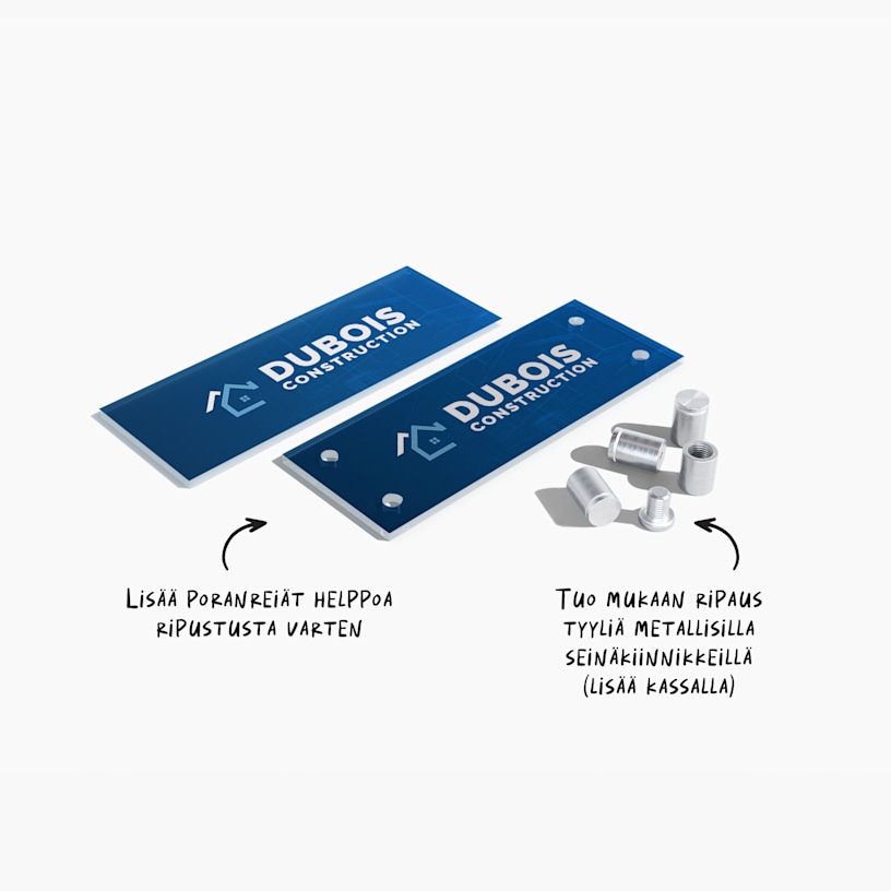 yrityskäyttöön tarkoitettu akryylitaulu metallisilla seinäkiinnikkeillä ja ilman 