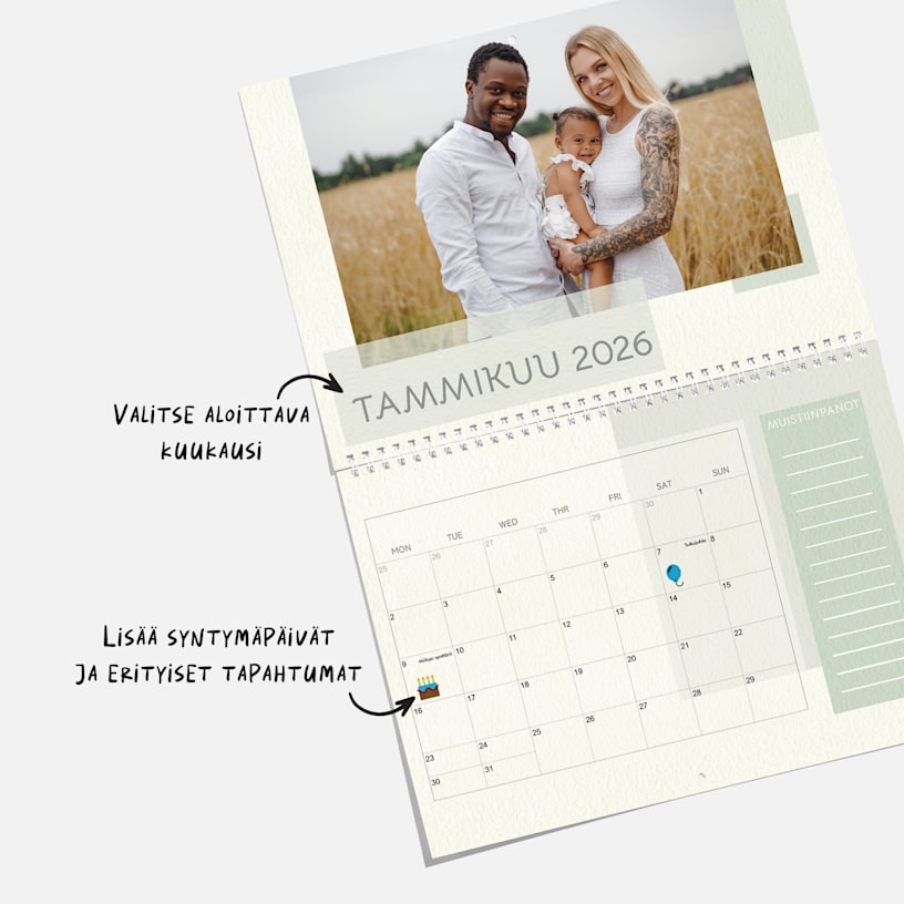Yksilöity kuukausittainen seinäkalenteri, jossa on valokuva perheestä. Muistiinpanot korostavat, että voit mukauttaa kalenterisi alkamiskuukautta ja lisätä mukaan erityisiä päivämääriä.  