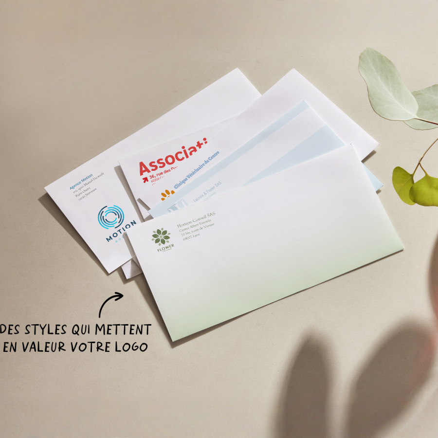 Un groupe d’enveloppes DL personnalisées pour plusieurs entreprises, avec la note « Des styles qui mettent en valeur votre logo ».