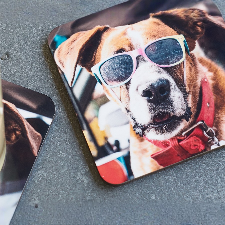 Une pile de sous-verre personnalisés sur lesquels figure un chien portant des lunettes de soleil. 
