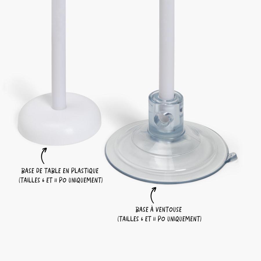 Une base de table en plastique et une base à ventouse pour ballons photo, avec des remarques précisant quels formats de ballons peuvent être utilisés avec chacun. 