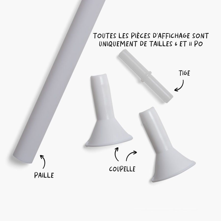 Accessoires assortis pour ballons photo, dont une paille, une tasse et une tige, avec des remarques précisant quels formats de ballons conviennent à chaque accessoire. 