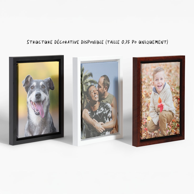Trois cadres décoratifs de couleur noire, blanche et noyer pour des impressions sur toile personnalisées