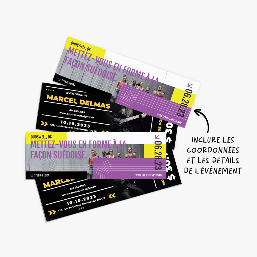 Quatre billets perforés et imprimés recto verso pour un événement fitness, accompagnés d’une note indiquant que des informations supplémentaires et les coordonnées de l’événement figurent sur le talon.
