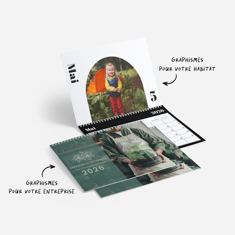 Deux calendriers muraux personnalisés. L’un présente la photo d’une petite fille en train de camper, l’autre affiche le logo et le nom d’une jardinerie. Des notes indiquent qu’il existe des graphismes de calendriers pour votre habitat et votre entreprise.