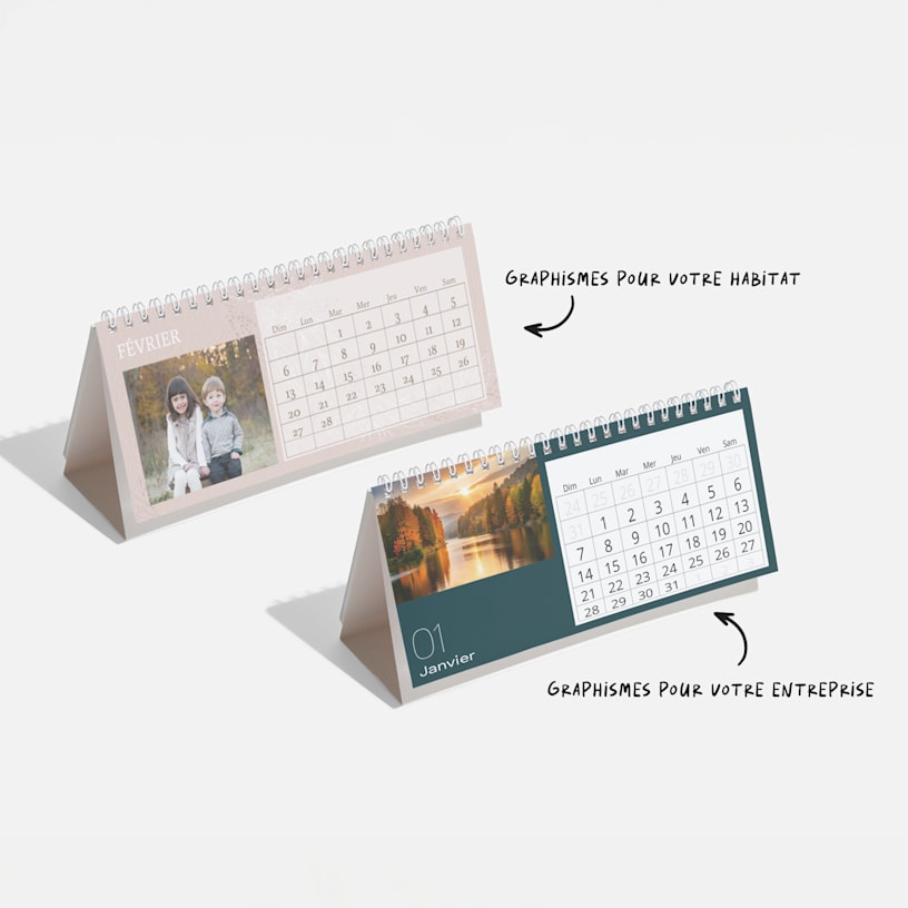 Deux calendriers à poser rectangulaires avec photos en couleur et une note indiquant qu’il existe des graphismes pour la maison et pour l’entreprise. 