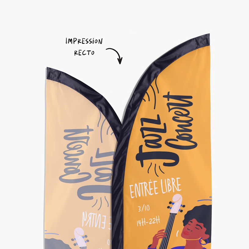 Un drapeau aile imprimé d’un seul côté, faisant la promotion d’un concert de jazz.