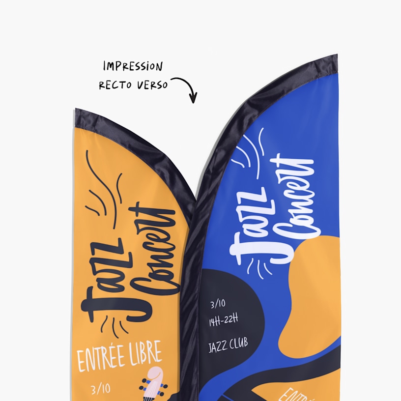 Un drapeau aile imprimé des deux côtés, faisant la promotion d’un concert de jazz.