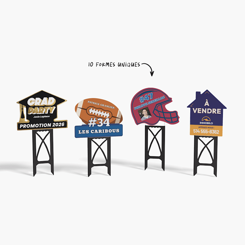 Différentes pancartes d’extérieur fixées à des supports en plastique noir et découpées en forme de mortier de finissant, de ballon de football, de casque de football et de maison.