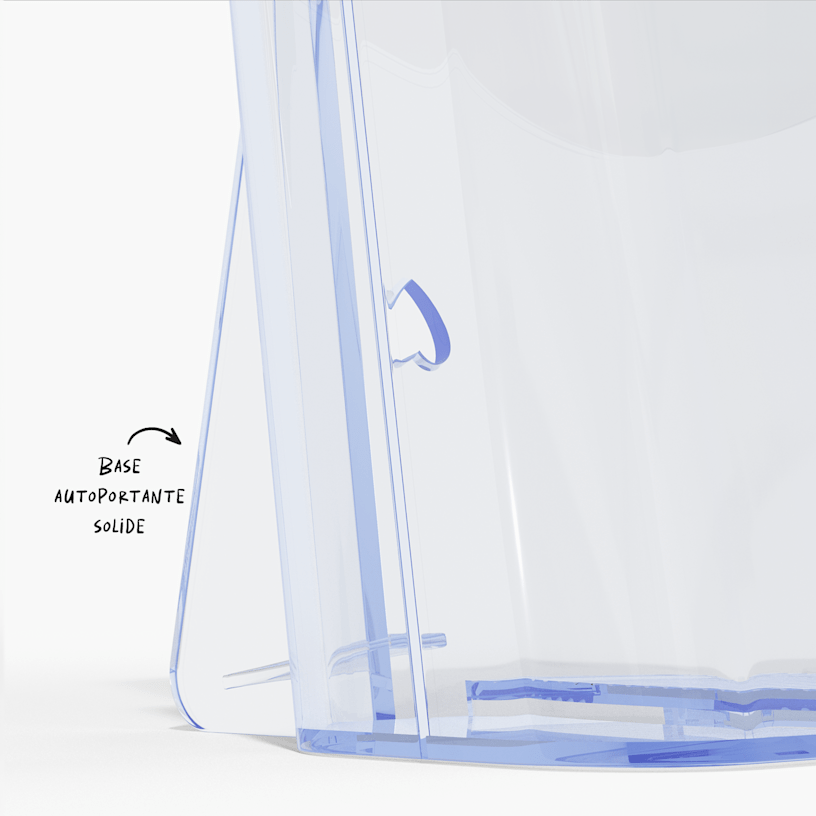 Un porte-dépliants avec une note indiquant qu’il est muni d’une base autoportante robuste. 