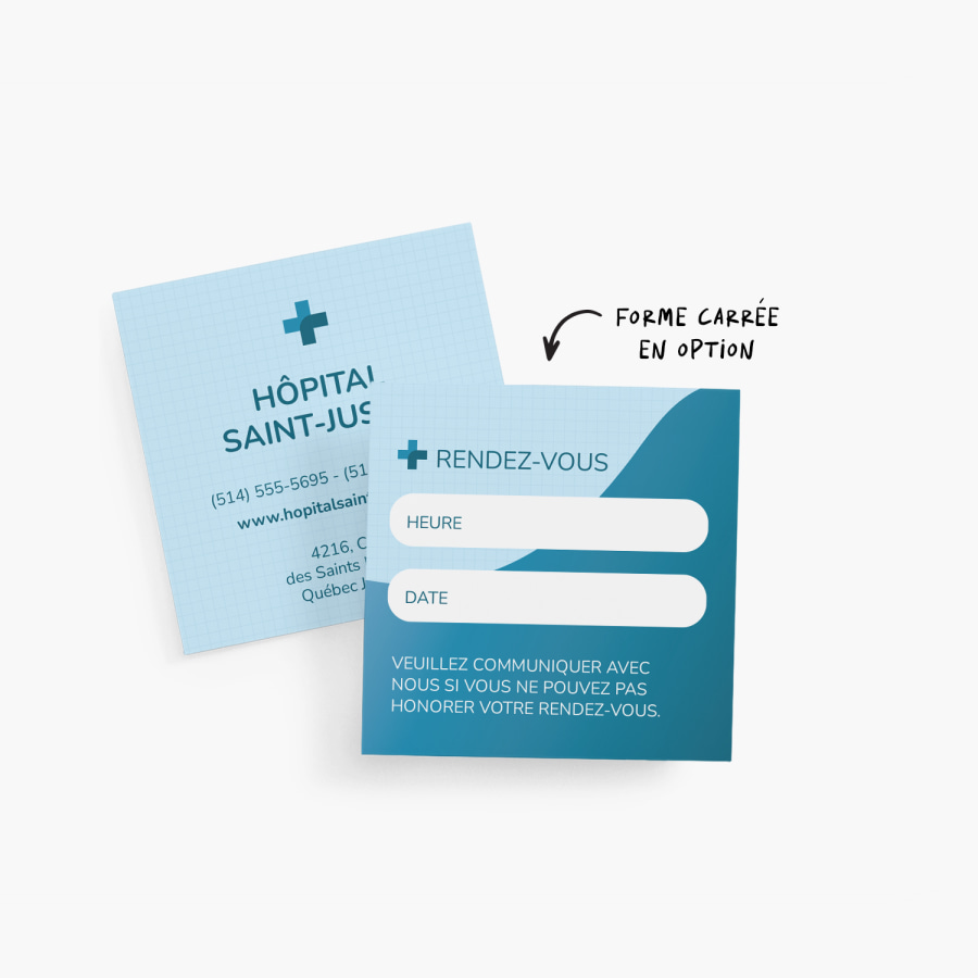 Une carte de rendez-vous carrée pour un hôpital, avec une note soulignant l'option carrée.