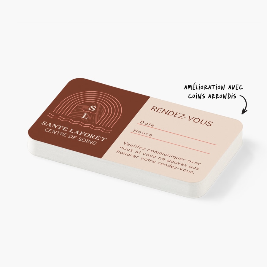 Une carte de rendez-vous aux coins arrondis pour une clinique médicale, avec une note soulignant l'option des coins arrondis.