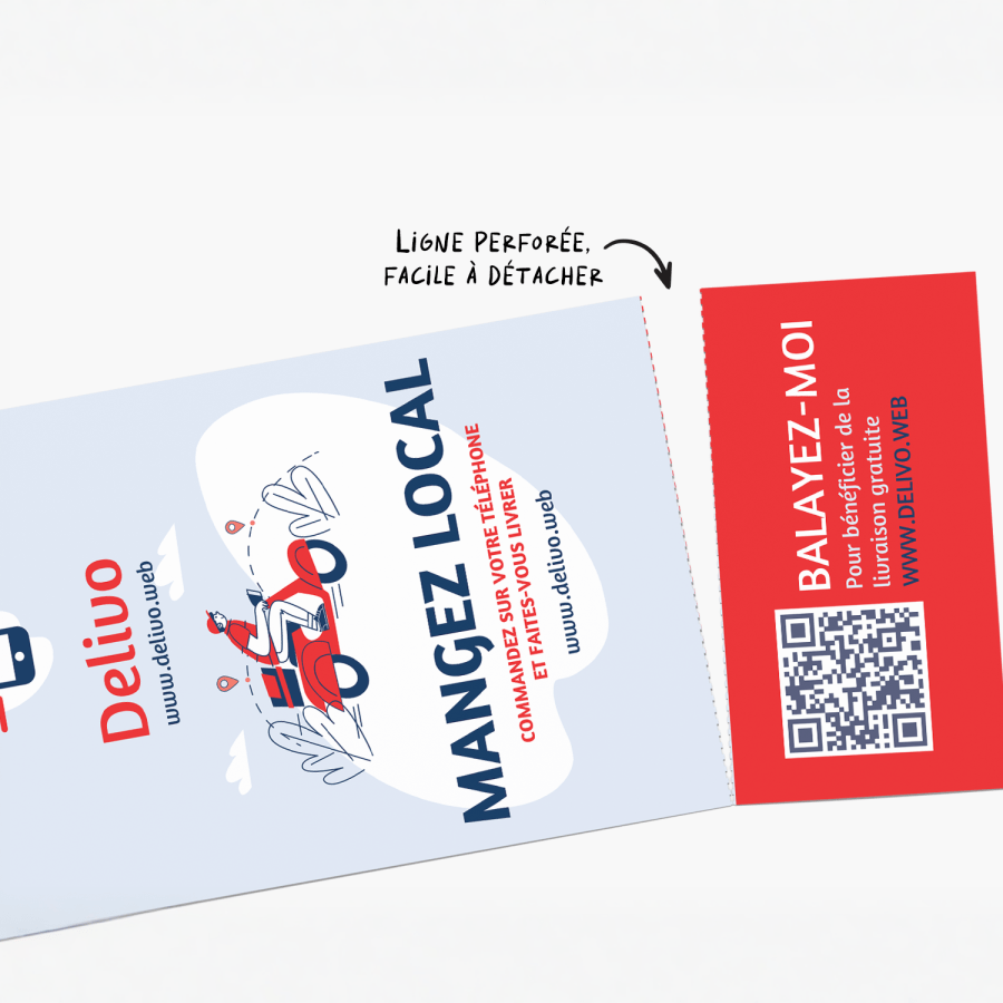 Coupon détachable créé pour un service de livraison de produits alimentaires avec un talon détachable contenant un code QR. Une note indique que le coupon détachable est doté d’une ligne perforée pour faciliter le détachement.