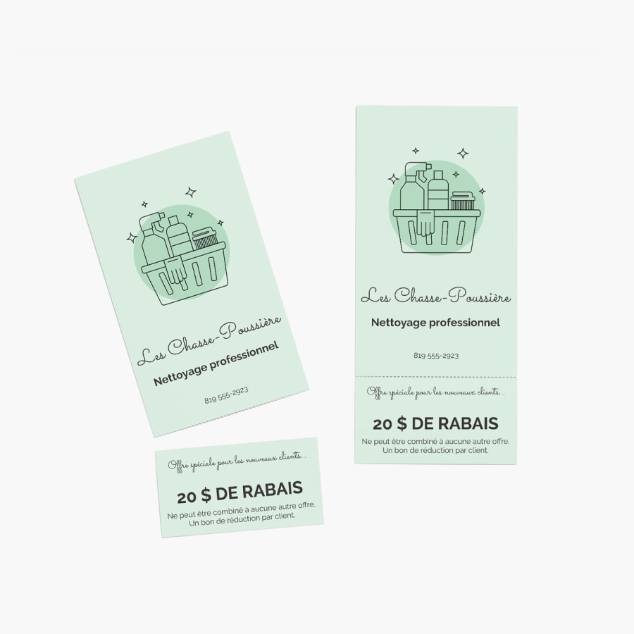 Deux coupons détachables présentant un service de nettoyage, accompagnés de bons de réduction perforés annonçant des soldes. 