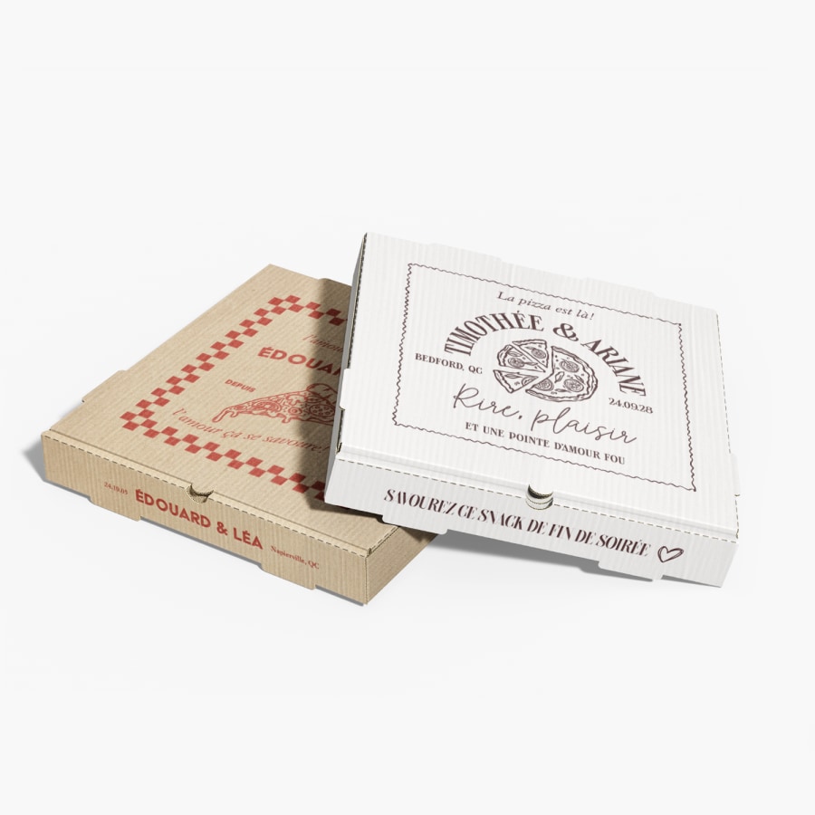 Boîtes à pizza personnalisées avec différentes marques.