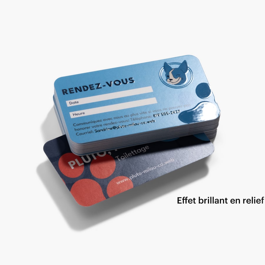 Recto et verso d’une carte de rendez-vous avec effet brillant en relief, créée pour un service de toilettage d’animaux de compagnie.