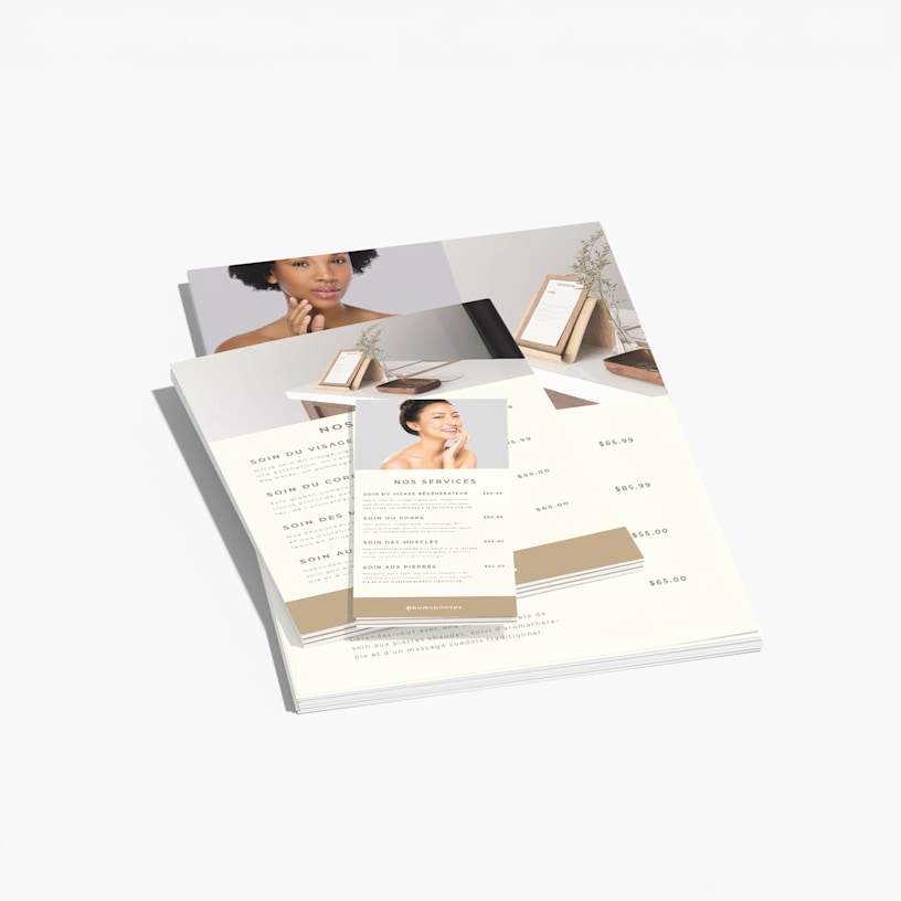 Plusieurs menus d’une page de tailles différentes, tous énumérant les services d’un spa.