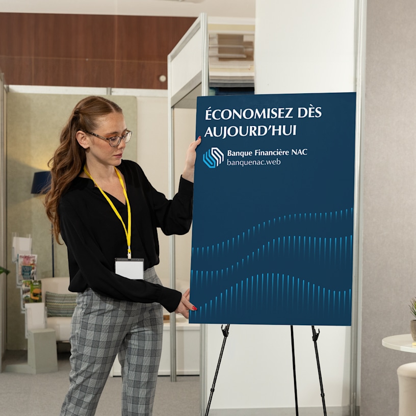 Une femme debout à côté d’un panneau en carton-mousse posé sur un chevalet télescopique.