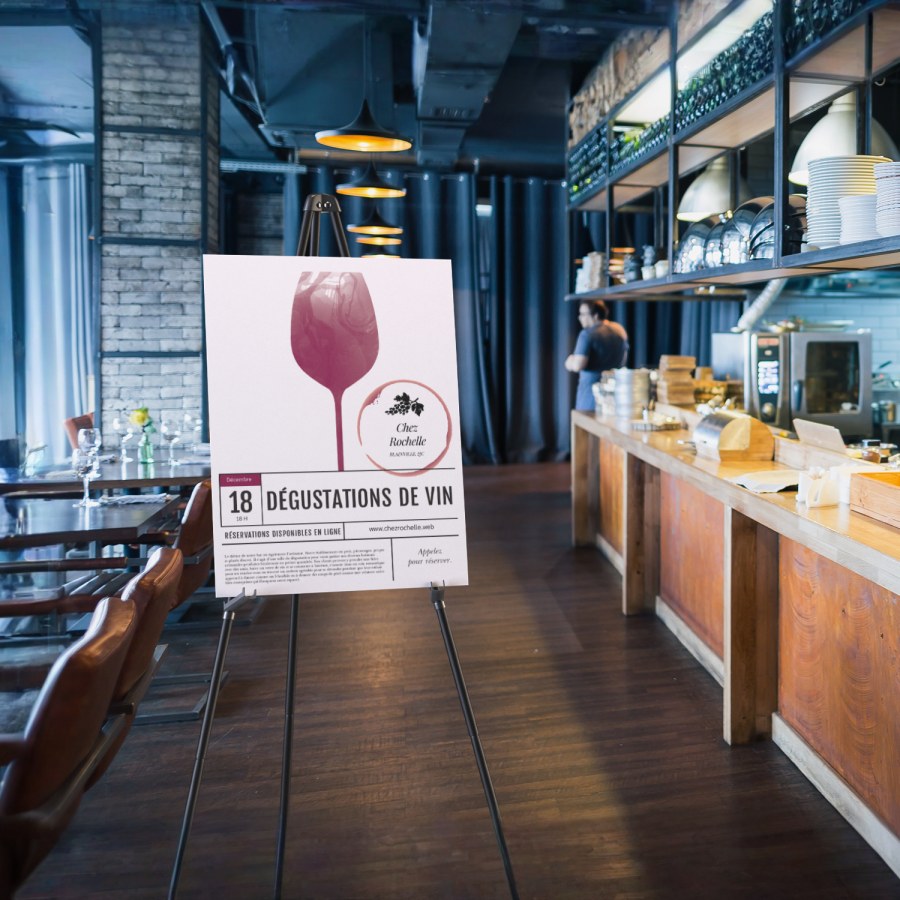 Panneau en carton-mousse posé sur un chevalet télescopique à l’intérieur d’un restaurant.