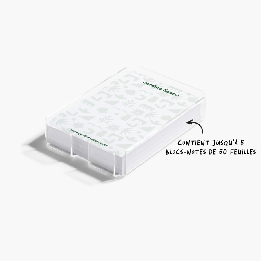 Gros plan d’un support en acrylique pour notes Post-ItMD montrant que l’accessoire peut contenir jusqu’à 5 blocs de 50 feuilles. 