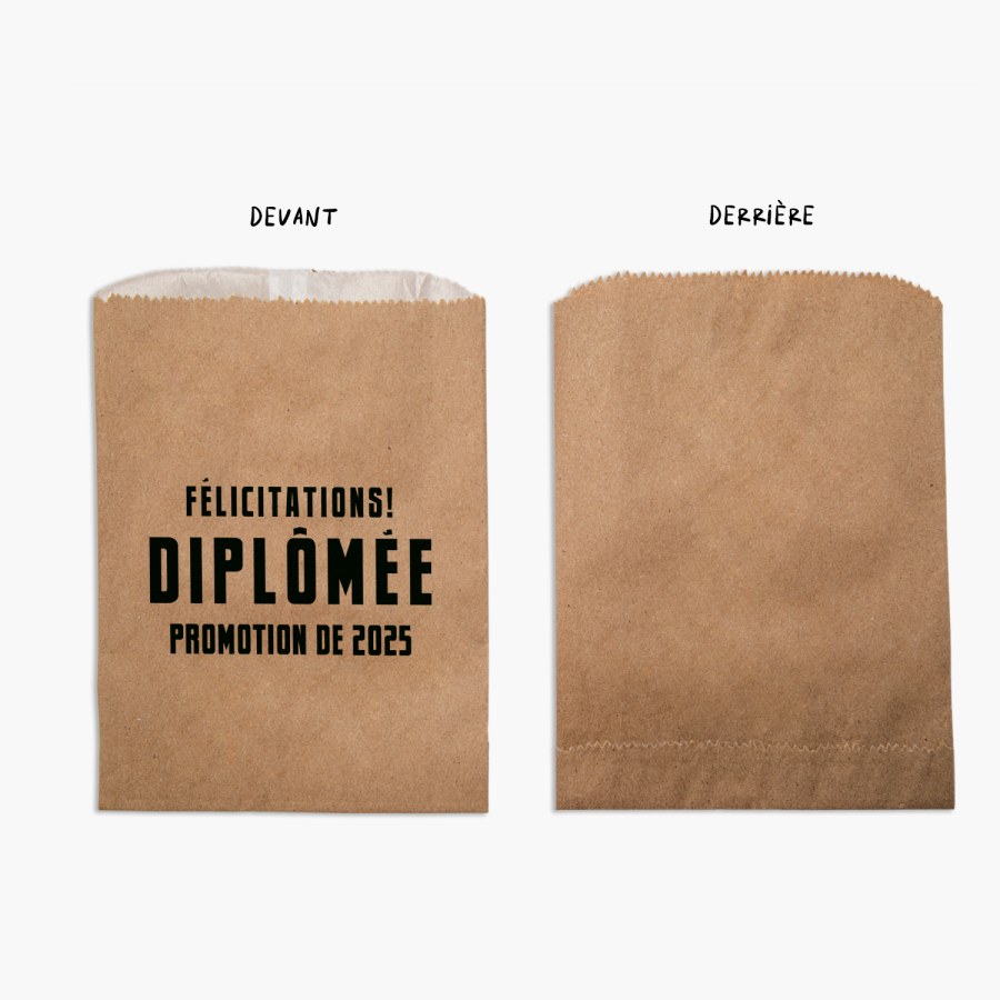 Vue avant et arrière d’un mini sac cadeau en papier kraft, avec des notes indiquant le devant et l’arrière.  