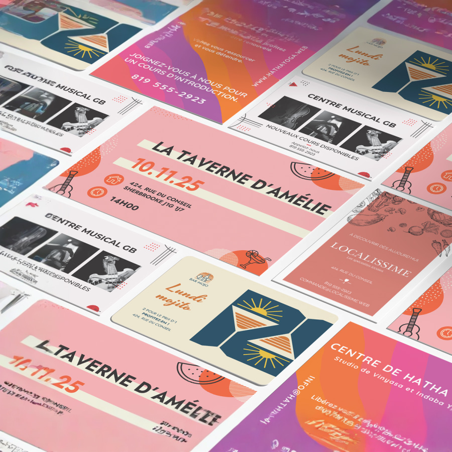 Un collage rassemblant différentes cartes postales traditionnelles faisant la publicité d’entreprises diverses.