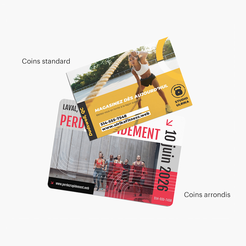 2 cartes postales pour une salle de sport, l’une avec des coins arrondis et l’autre avec des coins standard.