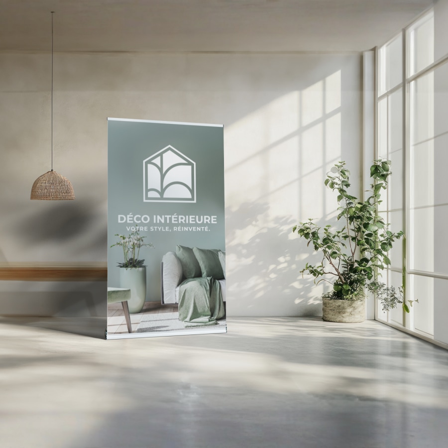 Banderole rétractable conçue pour une entreprise de décoration intérieure, installée dans un cadre moderne et minimaliste.